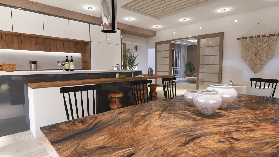 Contemporary Bohemian WabiSabi EarthyTones Grey White SaLa de estar, comedor  y cocina abierta 3d design renderings