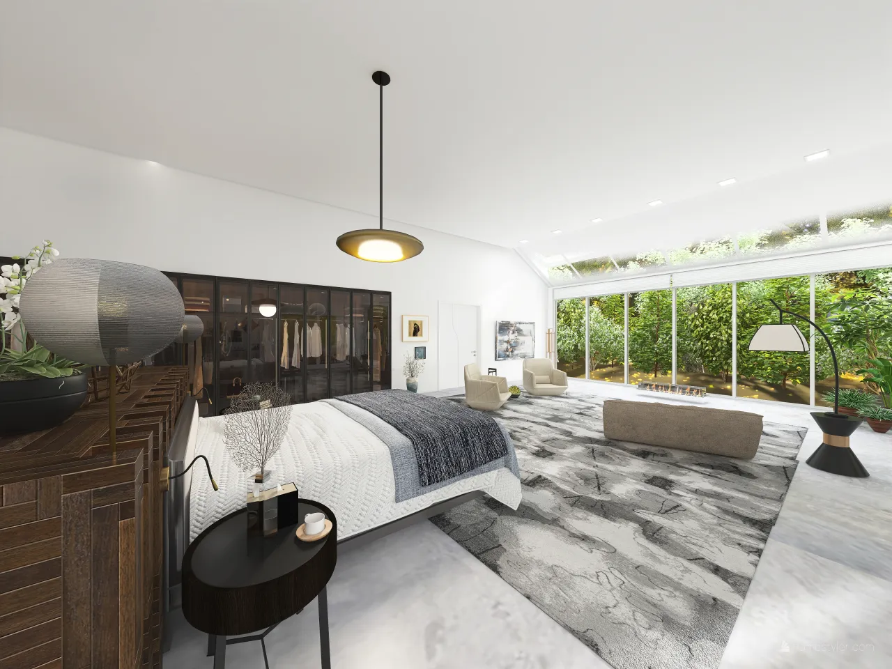 Contemporary Scandinavian WabiSabi White Grey MasterBedroom 3d design renderings