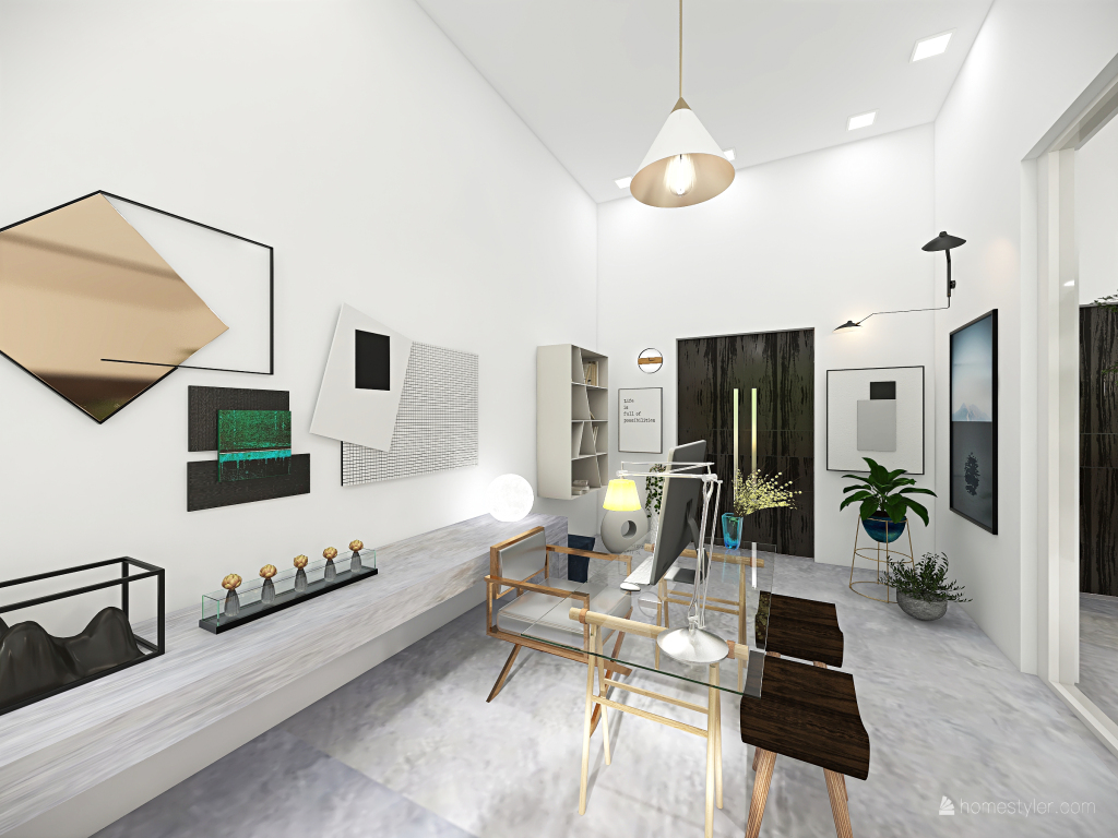 Contemporary Scandinavian WabiSabi White Grey Home Office 3d design renderings