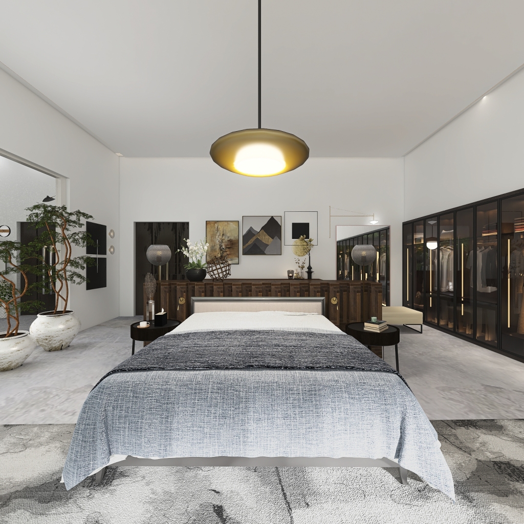 Contemporary Scandinavian WabiSabi White Grey Master Bedroom 3d design renderings