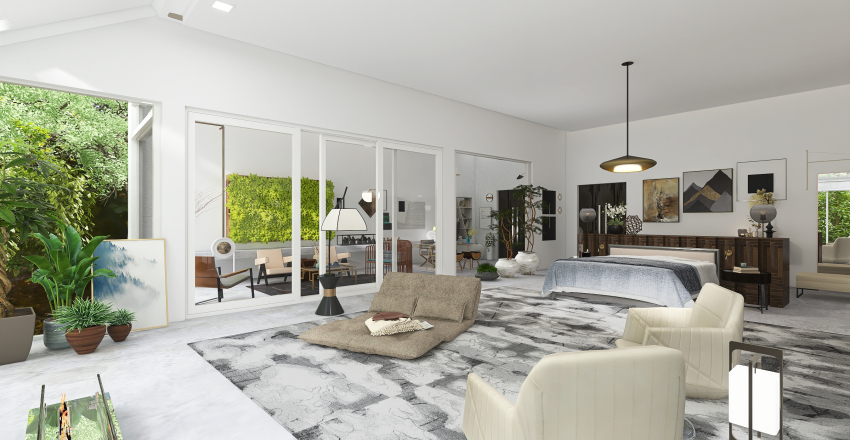 Contemporary Scandinavian WabiSabi White Grey Master Bedroom 3d design renderings