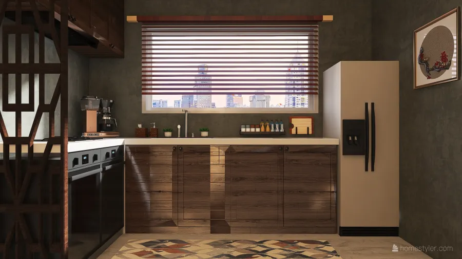 Modern WoodTones EarthyTones Main Living Area and Kitchen 3d design renderings