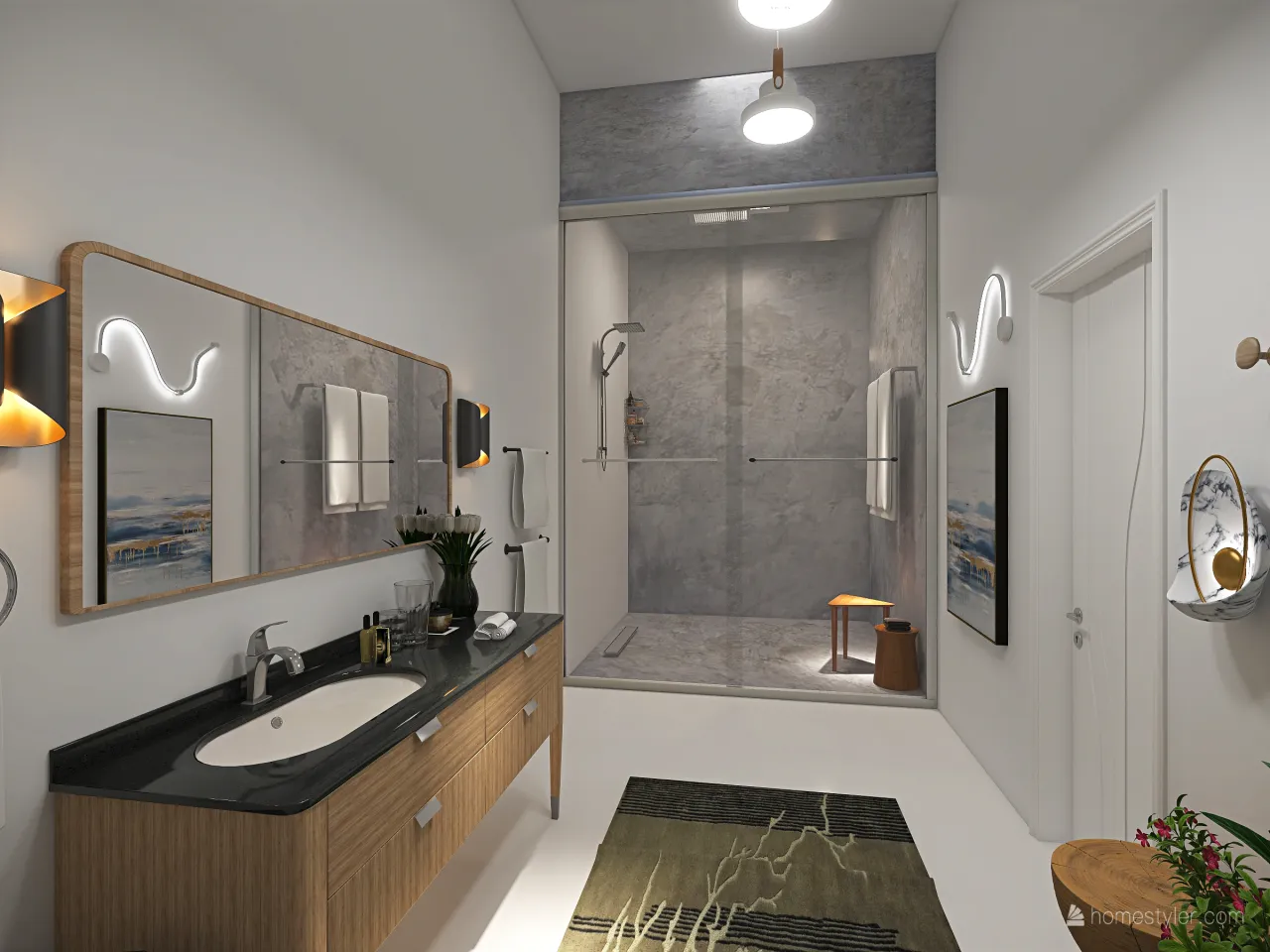 Contemporary Scandinavian WabiSabi White Grey SecondBathroom 3d design renderings