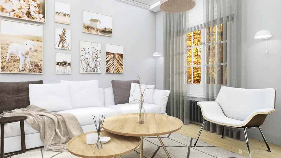 Scandinavian Bohemian White WarmTones WoodTones Living and dining room 3d design renderings