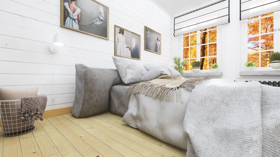 Scandinavian Bohemian White WarmTones WoodTones Bedroom 3d design renderings