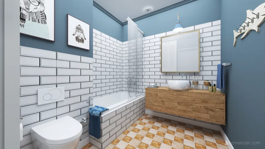 Scandinavian Bohemian White WarmTones WoodTones Bathroom 3d design renderings