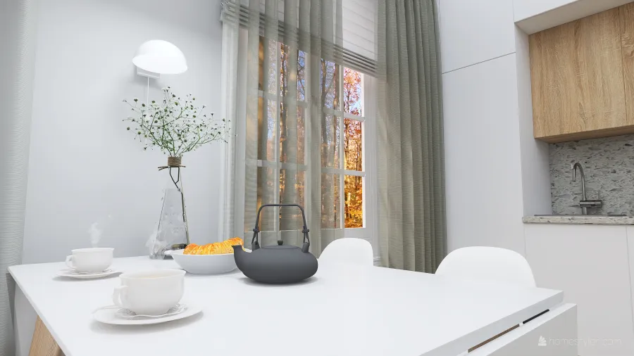 Scandinavian Bohemian White WarmTones WoodTones Living and dining room 3d design renderings