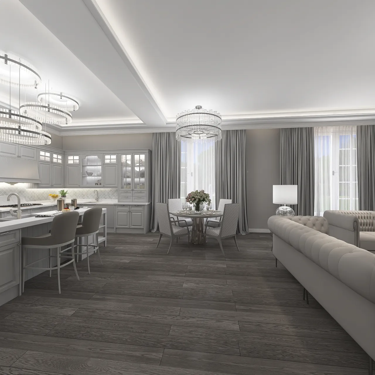 Traditional White Grey LivingDiningRoom 3d design renderings