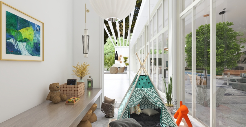 Contemporary Scandinavian WabiSabi White Grey playroom 3d design renderings