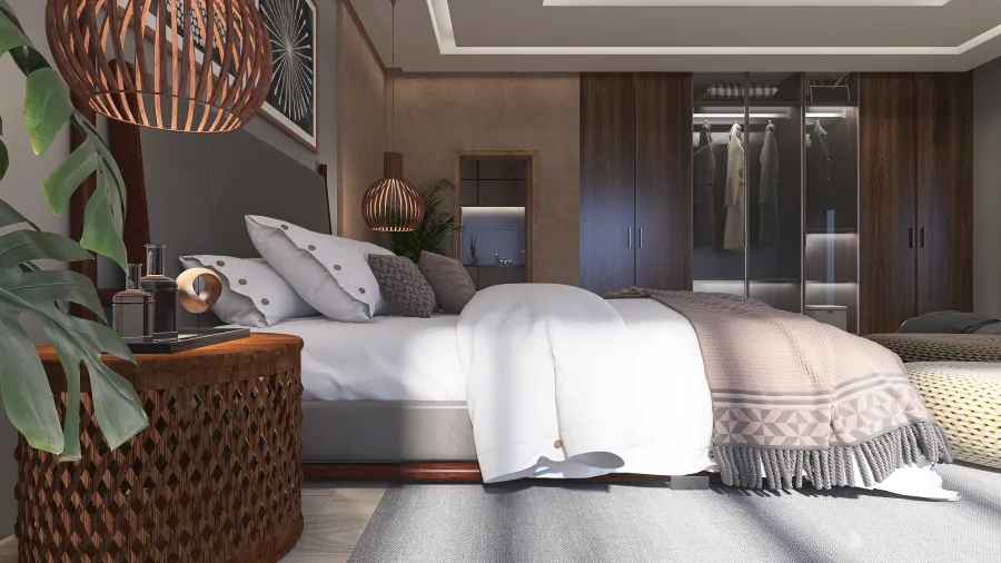 Contemporary Bohemian WabiSabi EarthyTones Grey White Dormitorio principal 3d design renderings