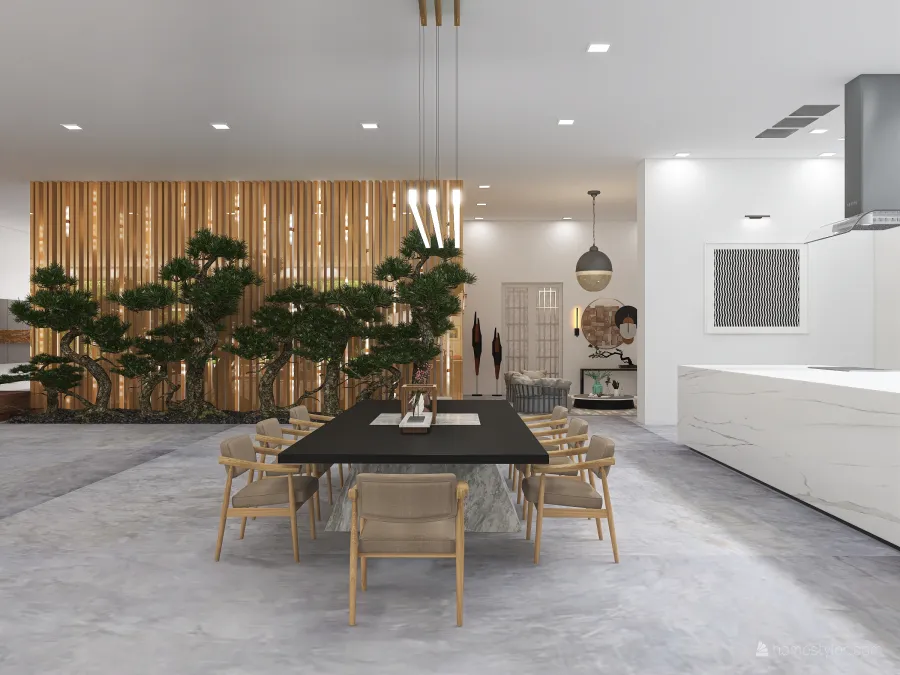 Contemporary Scandinavian WabiSabi White Grey Living and Dining Room/  Kitchen 3d design renderings