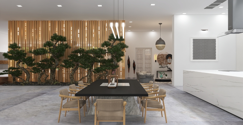 Contemporary Scandinavian WabiSabi White Grey Living and Dining Room/  Kitchen 3d design renderings