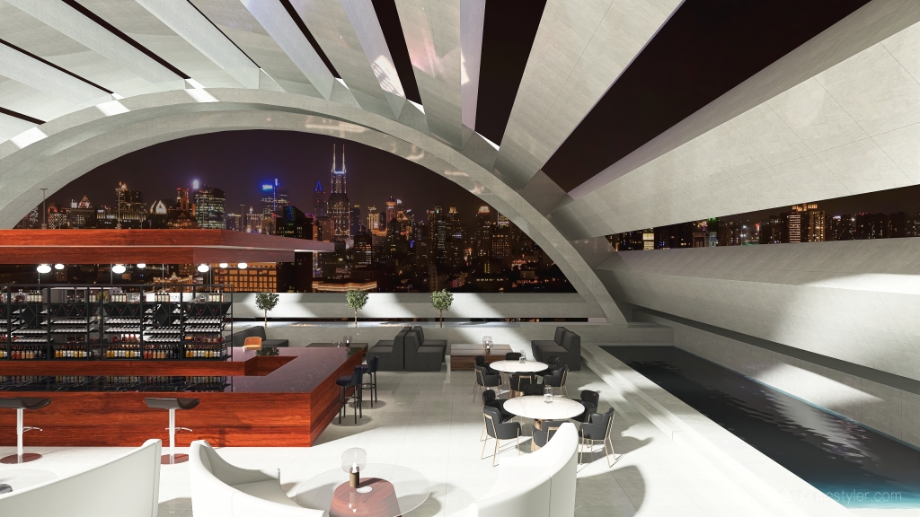 Contemporary Bauhaus #HSDA2020Commercial Rooftop lounge and Bar Black White ColdTones Red 3d design renderings