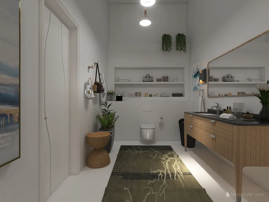 Contemporary Scandinavian WabiSabi White Grey Second Bathroom 3d design renderings