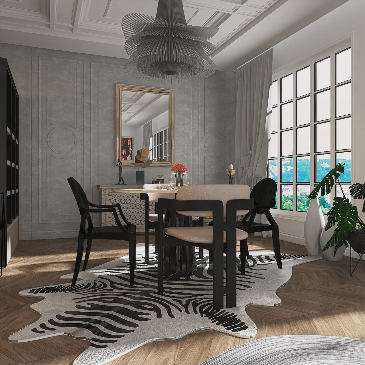 Modern Black Grey Red LivingDiningRoom 3d design renderings