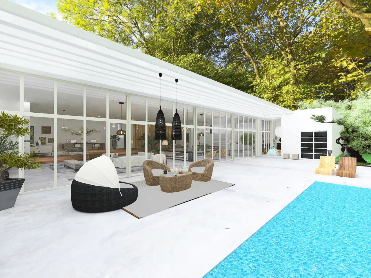 Contemporary Scandinavian WabiSabi White Grey Courtyard 3d design renderings