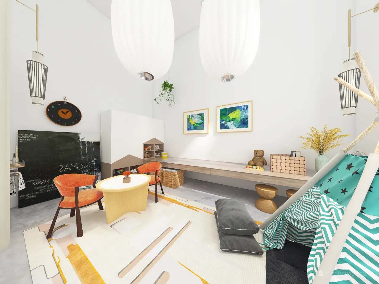 Contemporary Scandinavian WabiSabi White Grey KidsRoom 3d design renderings