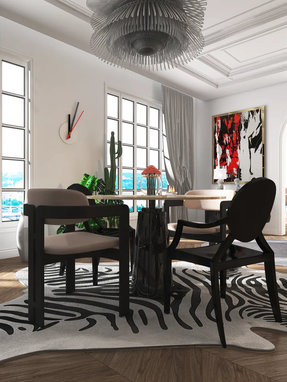 Modern Black Grey Red LivingDiningRoom 3d design renderings