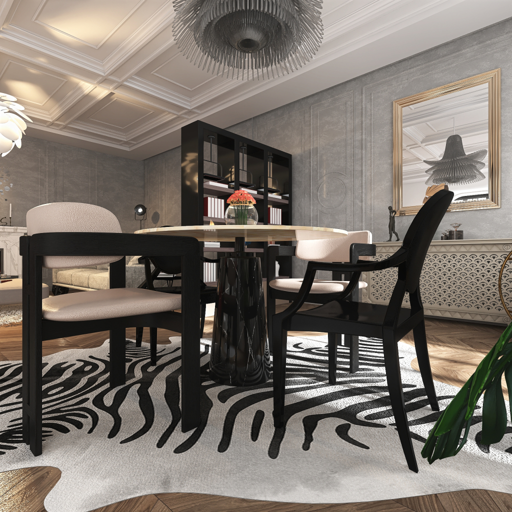 Modern Black Grey Red Living and Dining Room 3d design renderings