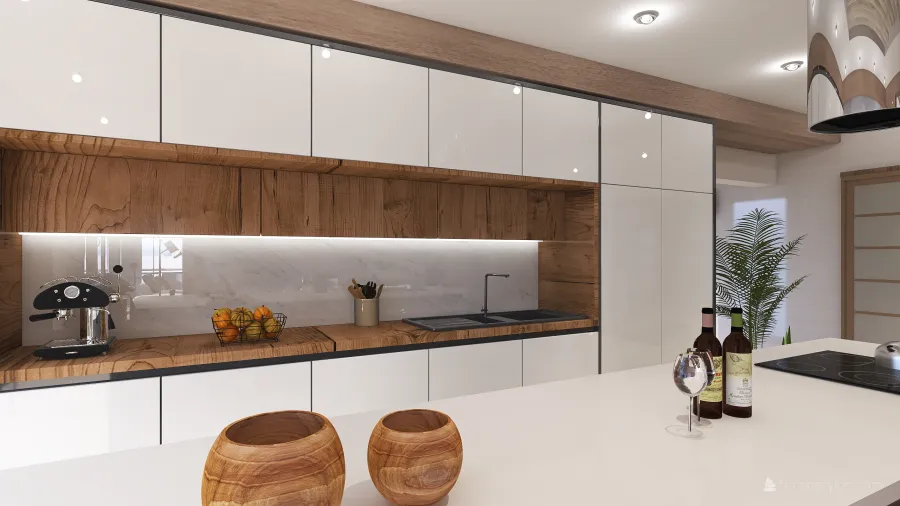 Contemporary Bohemian WabiSabi EarthyTones Grey White SaLa de estar, comedor  y cocina abierta 3d design renderings