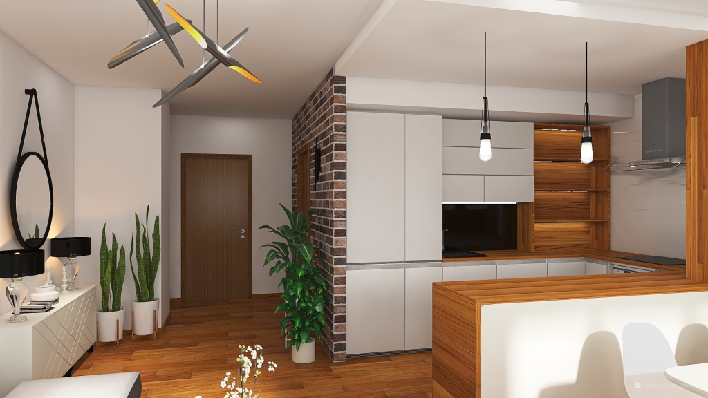 Modern Bohemian White WoodTones Living and Dining Room 3d design renderings