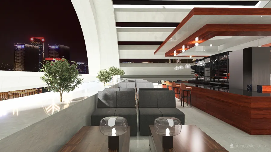 Contemporary Bauhaus #HSDA2020Commercial Rooftop lounge and Bar Black White ColdTones Red 3d design renderings