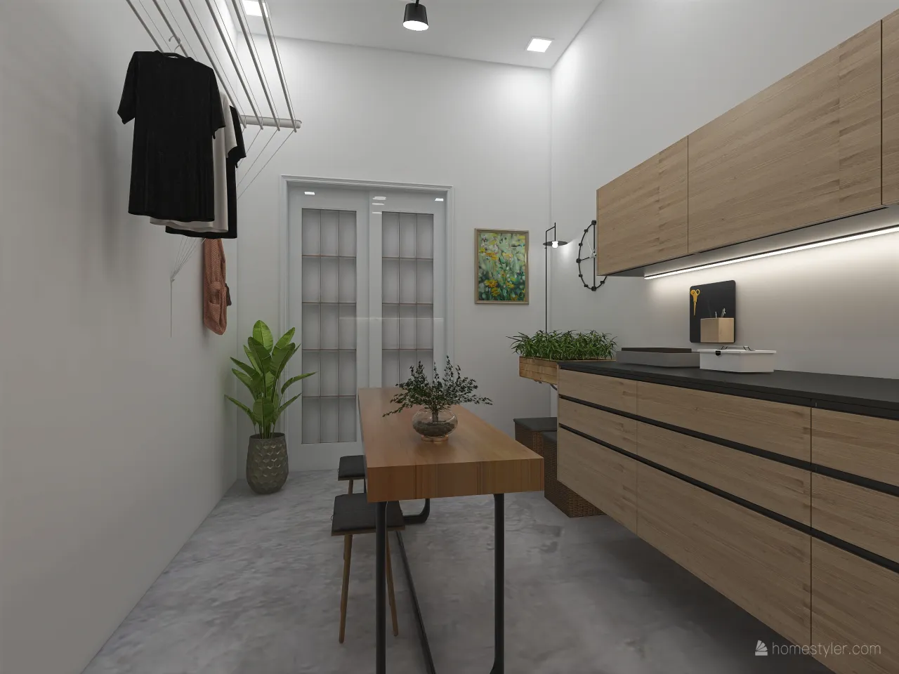 Contemporary Scandinavian WabiSabi White Grey LaundryRoom 3d design renderings