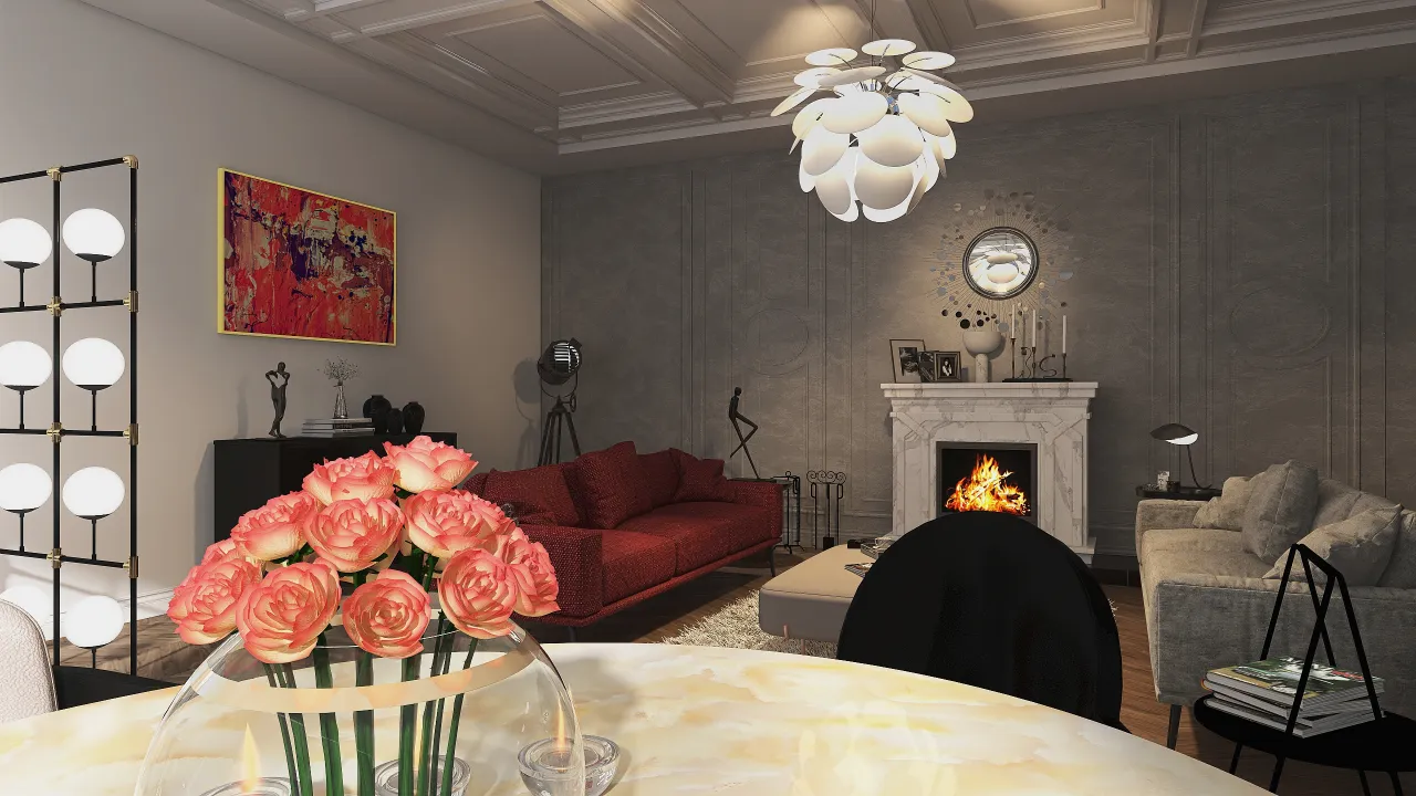 Modern Black Grey Red LivingDiningRoom 3d design renderings