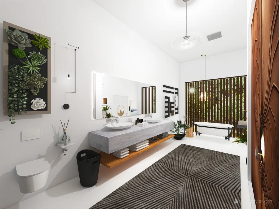 Contemporary Scandinavian WabiSabi White Grey Master Bathroom 3d design renderings