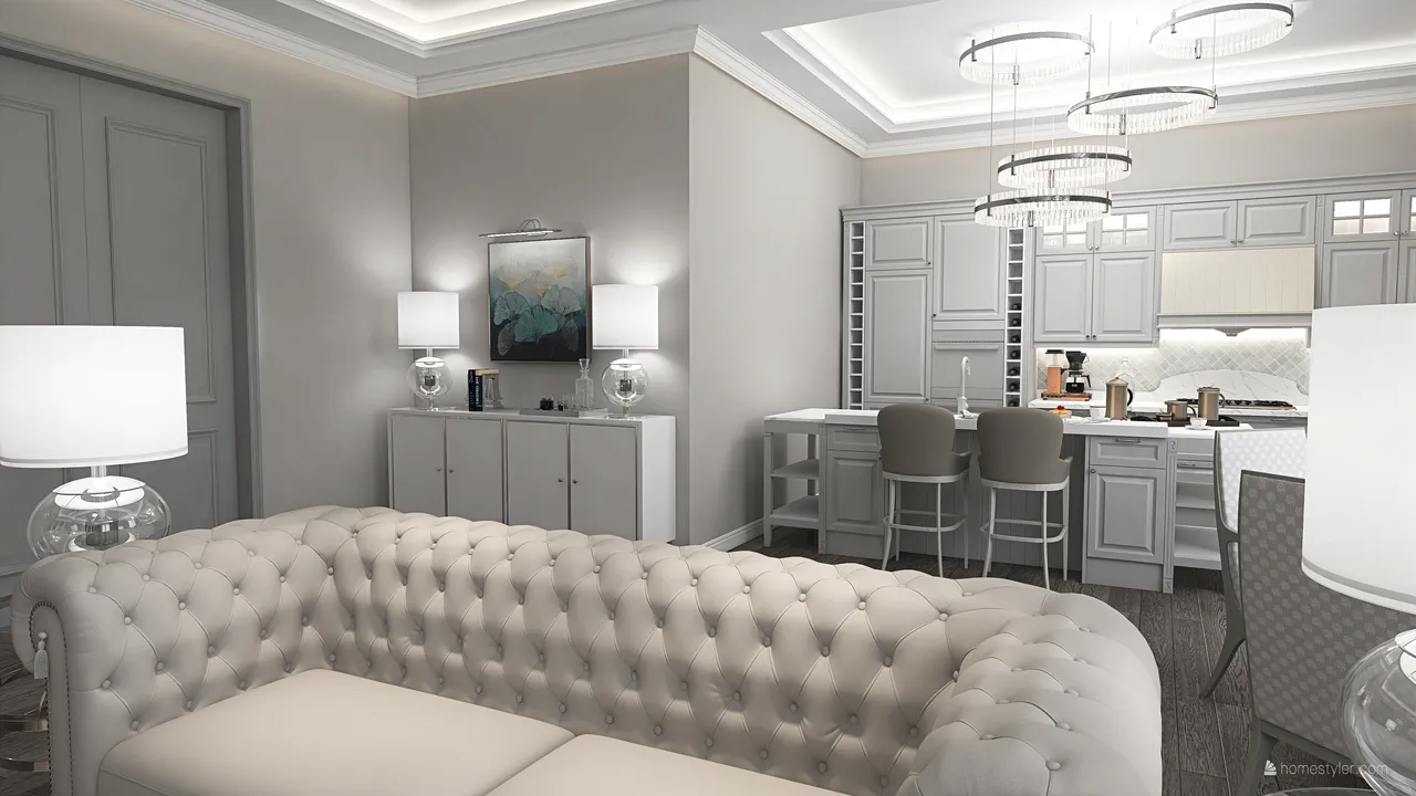 Traditional White Grey LivingDiningRoom 3d design renderings