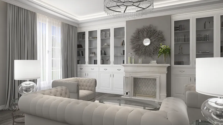 Traditional White Grey Living and Dining Room 3d design renderings