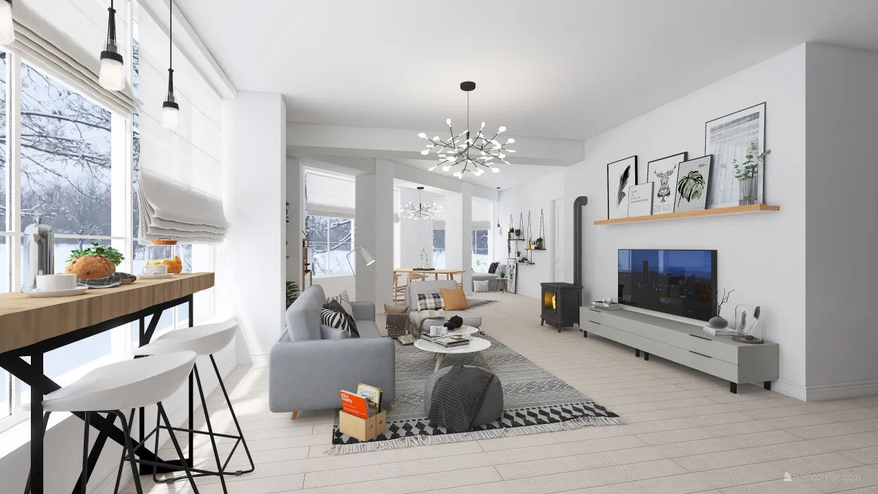 Scandinavian Modern White Grey LivingDiningRoom 3d design renderings