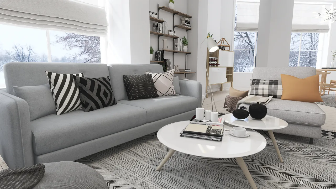 Scandinavian Modern White Grey LivingDiningRoom 3d design renderings