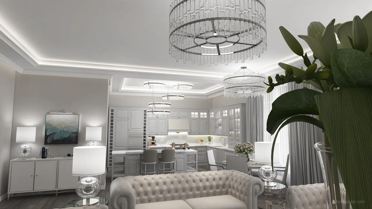 Traditional White Grey LivingDiningRoom 3d design renderings