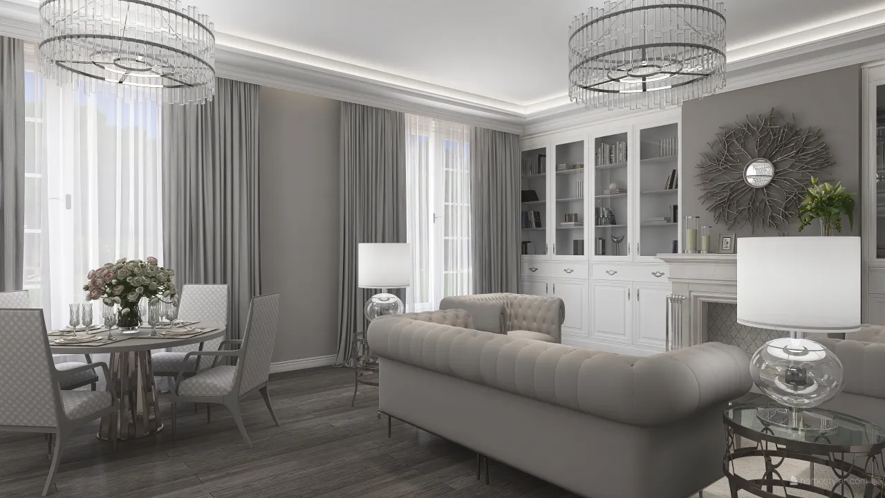 Traditional White Grey LivingDiningRoom 3d design renderings