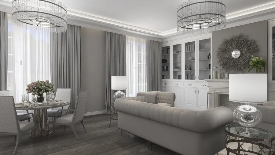 Traditional White Grey Living and Dining Room 3d design renderings