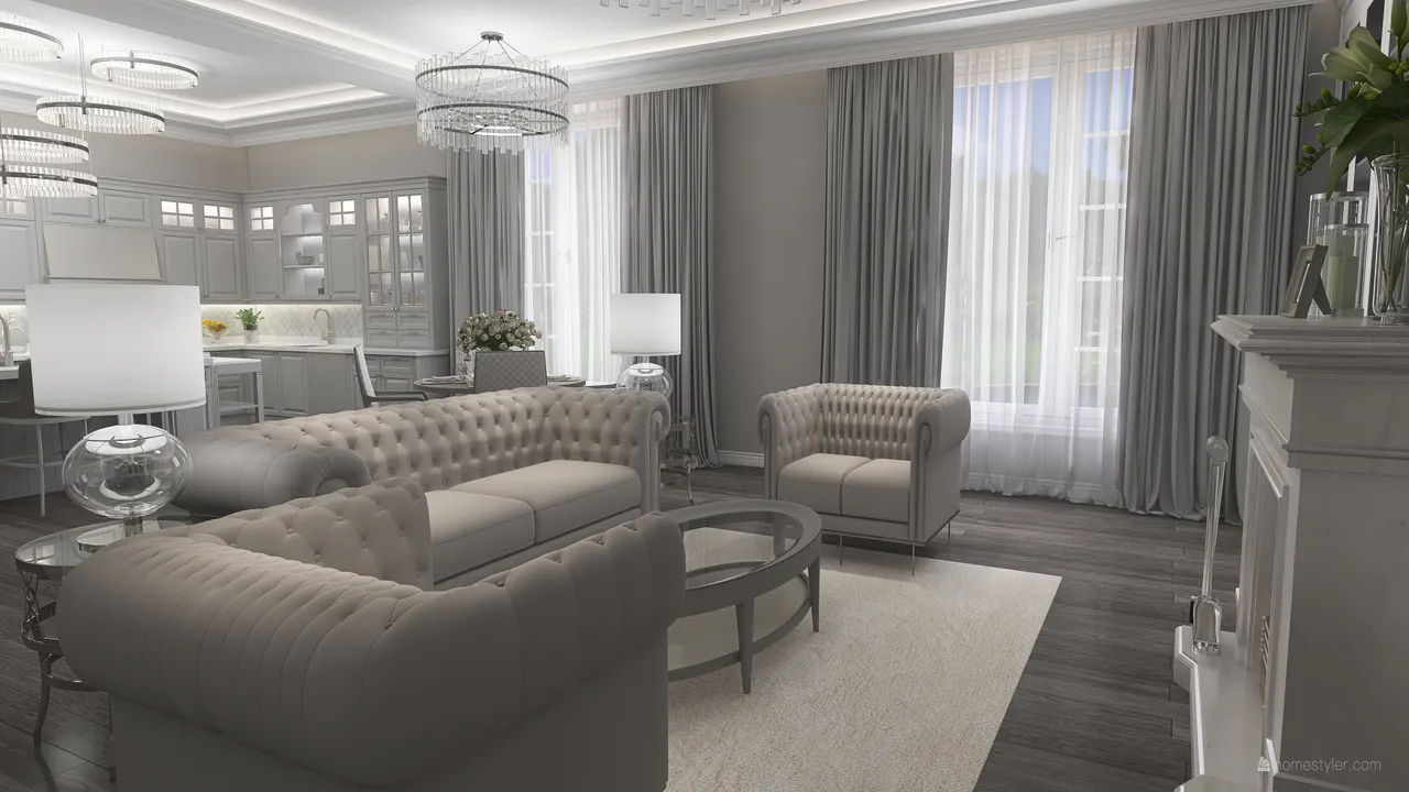 Traditional White Grey LivingDiningRoom 3d design renderings