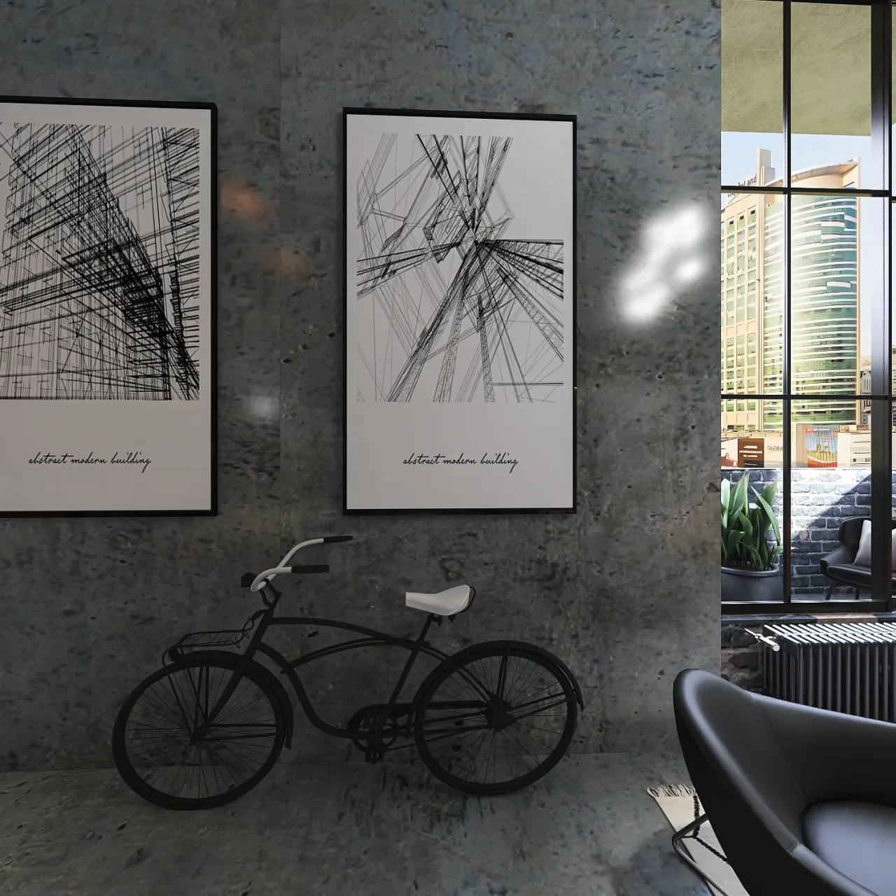 Industrial Bauhaus Modern Grey Black LivingDiningRoom 3d design renderings