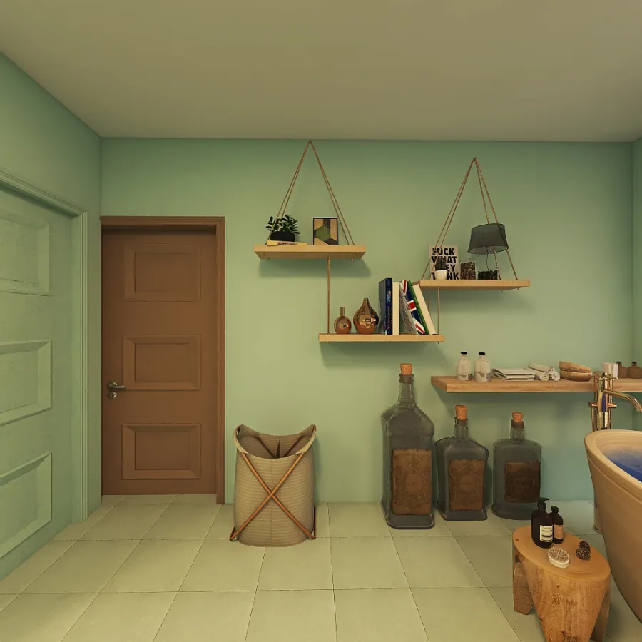 Contemporary Bohemian WarmTones Beige Green Bathroom 3d design renderings