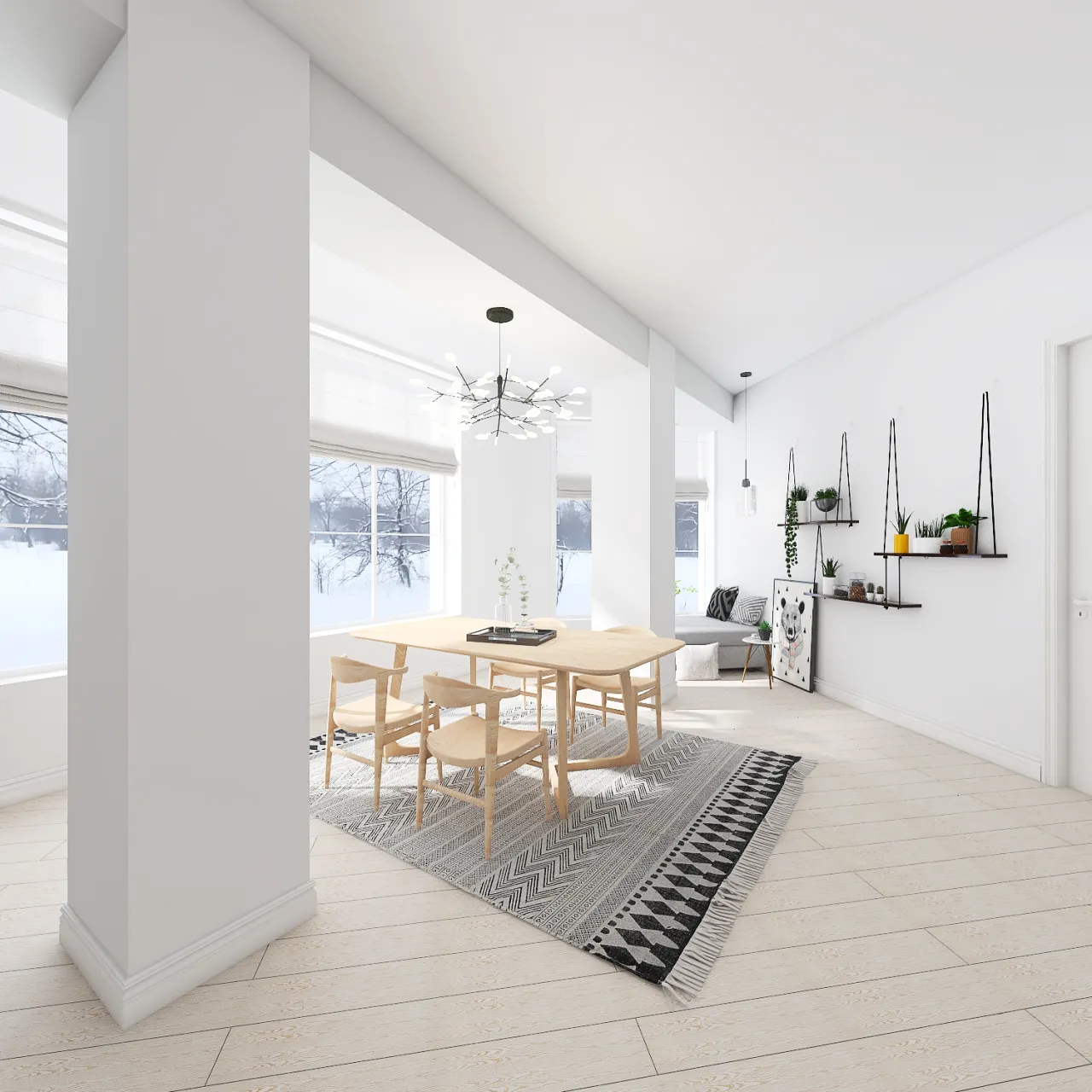 Scandinavian Modern White Grey LivingDiningRoom 3d design renderings