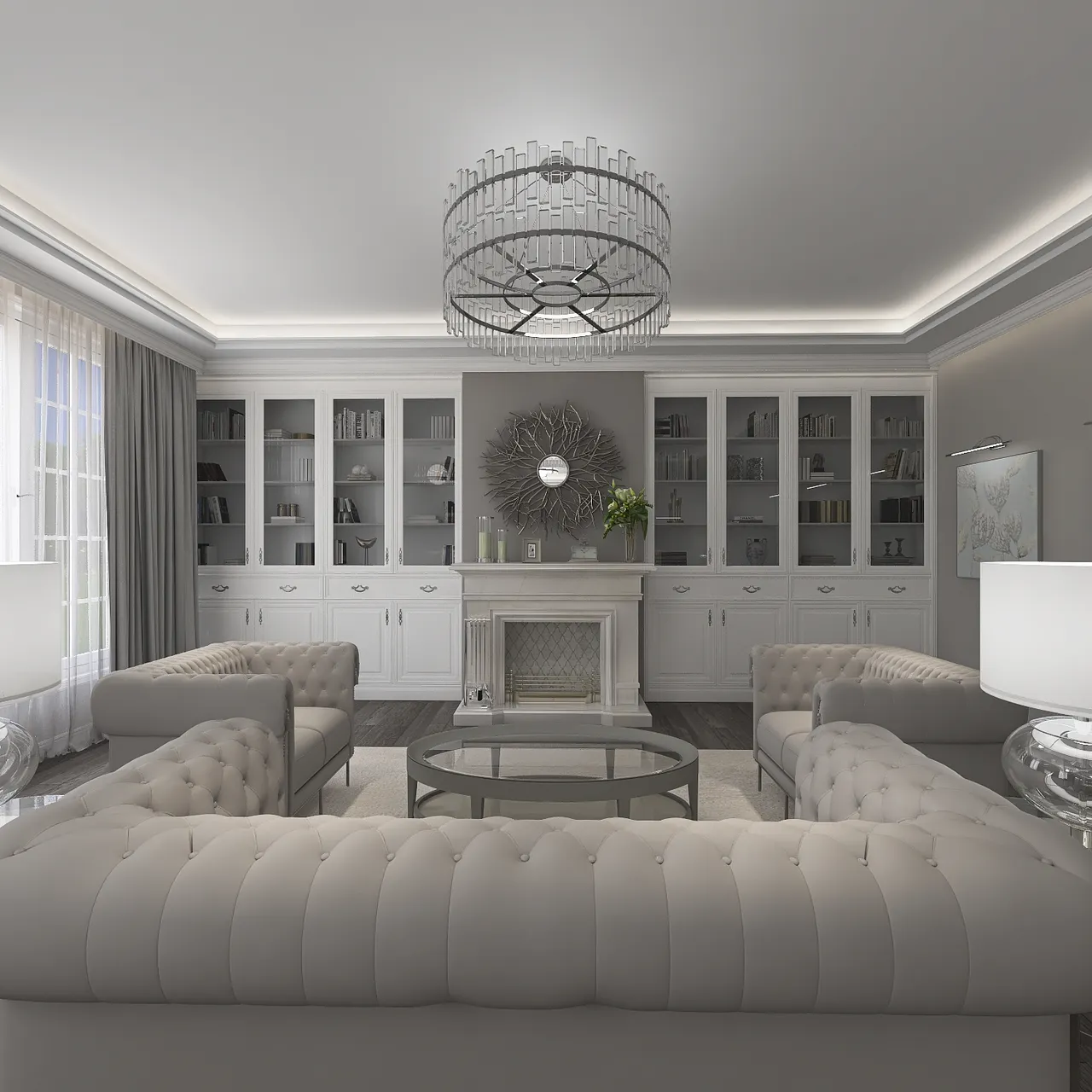 Traditional White Grey LivingDiningRoom 3d design renderings