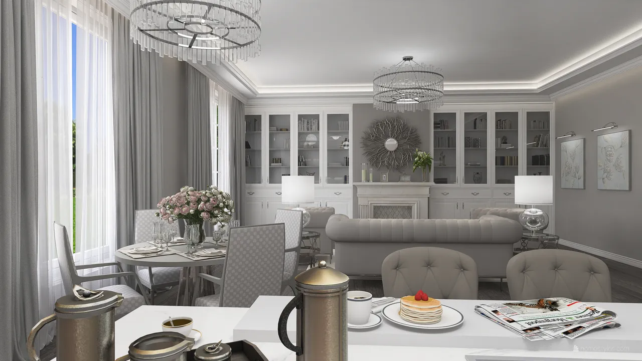 Traditional White Grey LivingDiningRoom 3d design renderings