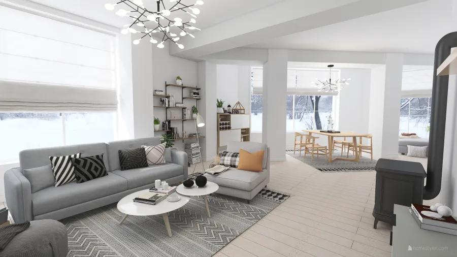 Scandinavian Modern White Grey Living and Dining Room 3d design renderings