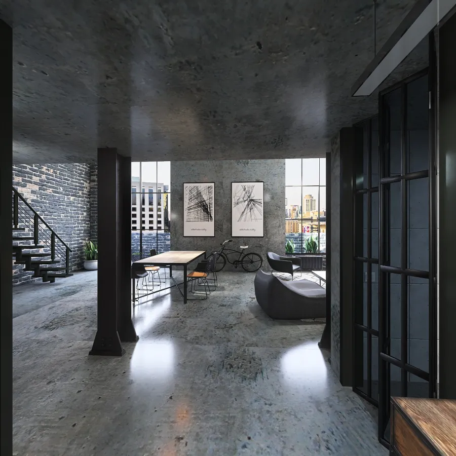 Industrial Bauhaus Modern Grey Black Living and Dining Room 3d design renderings