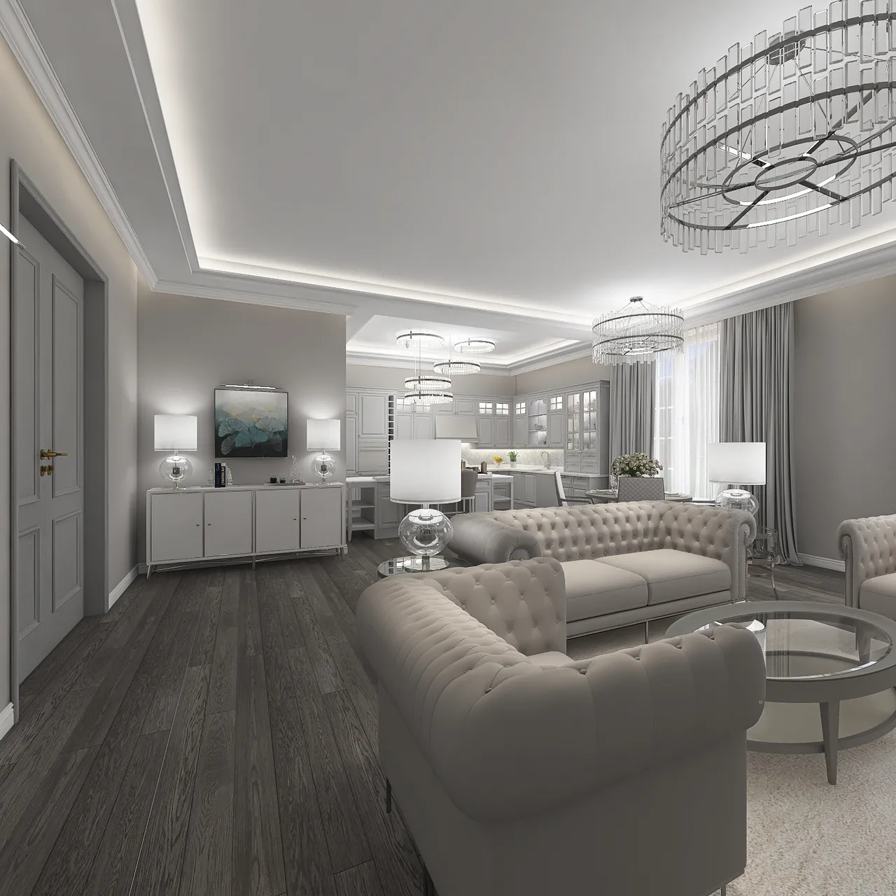 Traditional White Grey LivingDiningRoom 3d design renderings