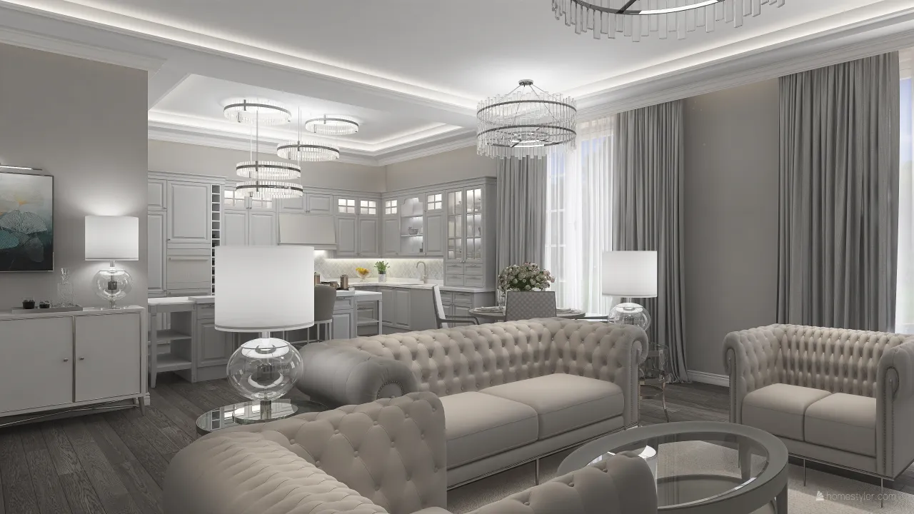 Traditional White Grey LivingDiningRoom 3d design renderings