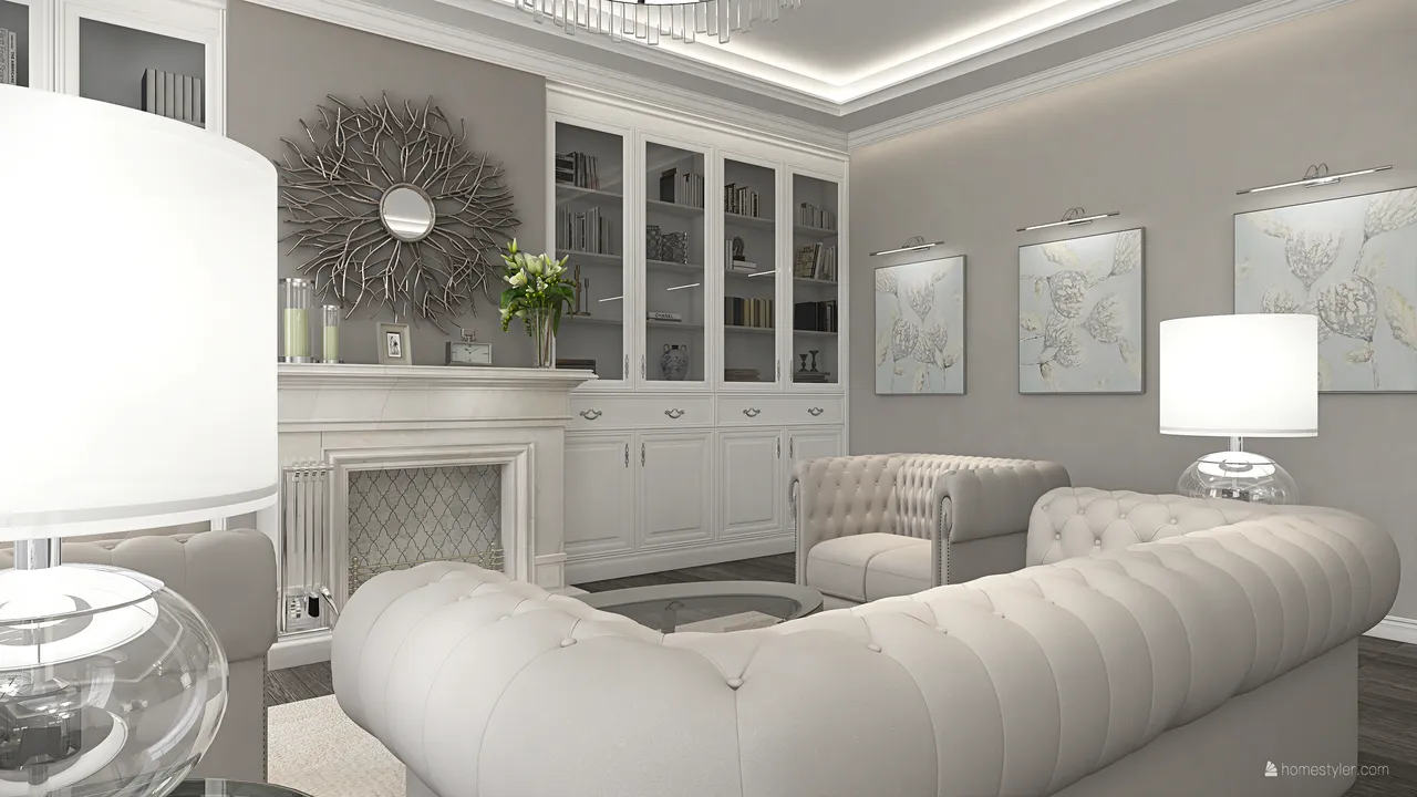 Traditional White Grey LivingDiningRoom 3d design renderings