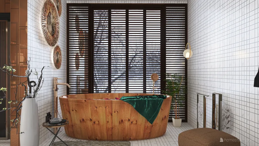 Bohemian Rustic Hot tub in winter WoodTones Orange 3d design renderings