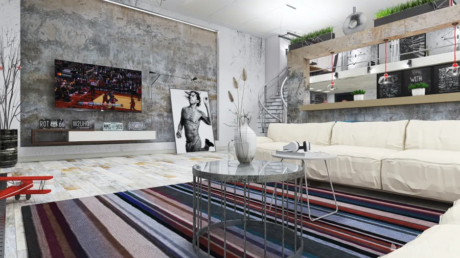 Industrial #HSDA2020Residential #Loft  city-apartment 90m2 Grey White 3d design renderings