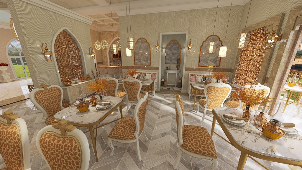 Mediterranean StyleOther Modern #HSDA2020Commercial  Arabic Theme Fine Dining Restaurant Yellow Beige 3d design renderings